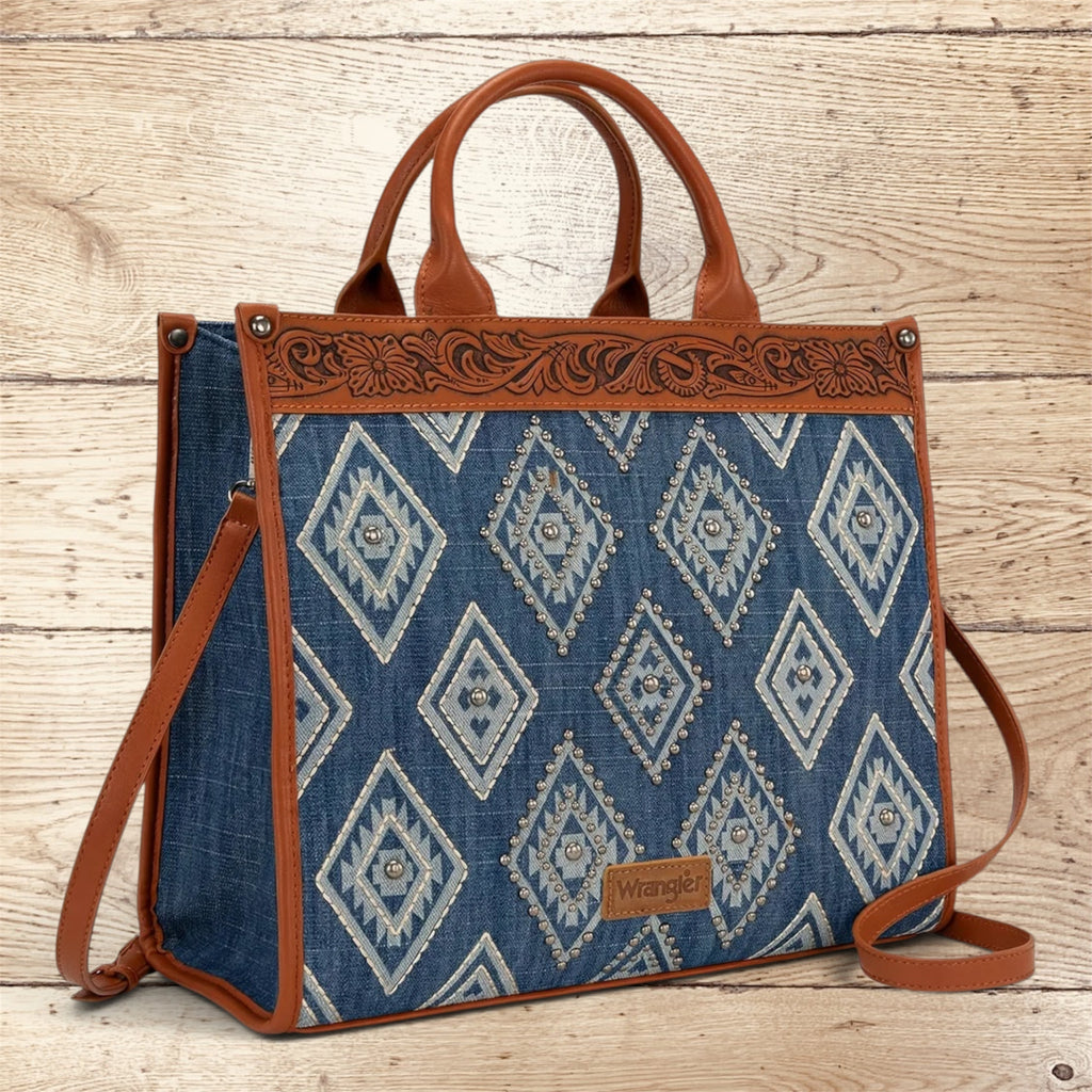 Wrangler Aztec Studded Denim Tote & Crossbody Bag