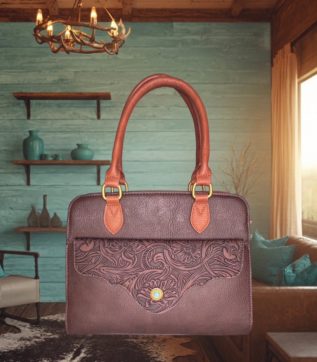 Montana West Western Tooled Floral Concealed Carry Satchel and Crossbody Bag