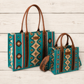 Wrangler Southwestern Print Large Tote & Small Canvas Tote / Crossbody (2 Pcs Set) - Turquoise