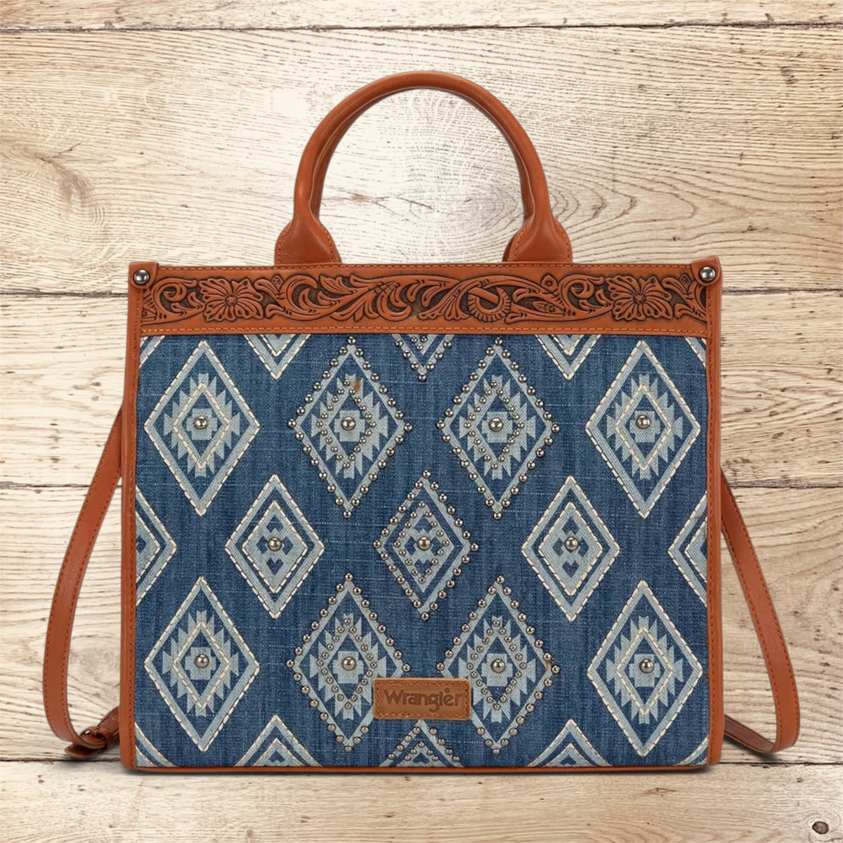 Wrangler Aztec Studded Denim Tote & Crossbody Bag