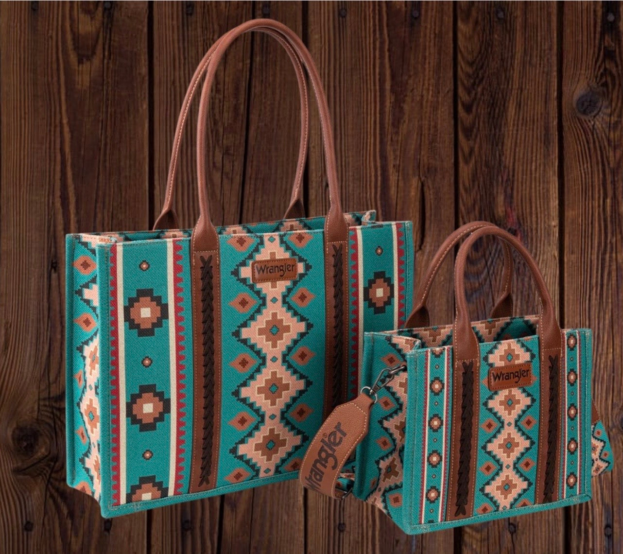 Wrangler Southwestern Print Large Tote & Small Canvas Tote / Crossbody (2 Pcs Set) - Turquoise