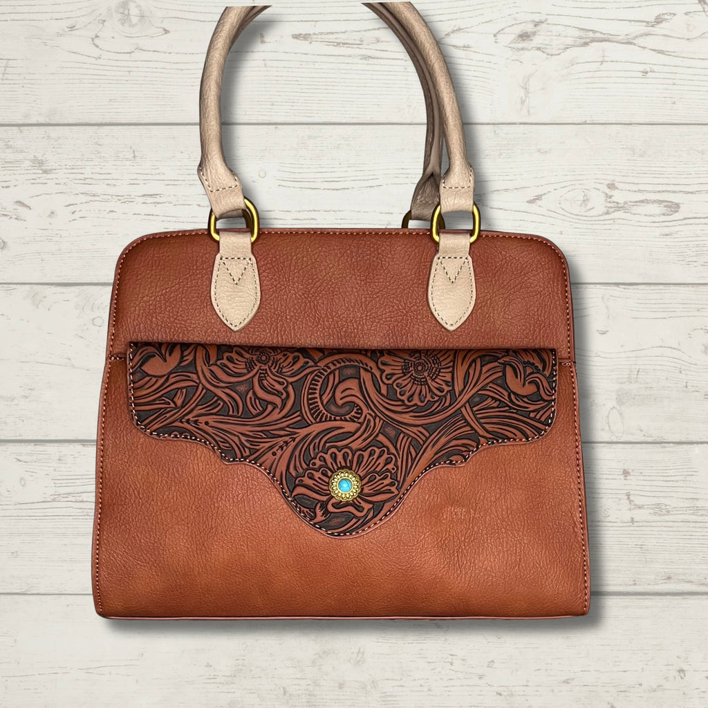 Montana West Western Tooled Floral Concealed Carry Satchel and Crossbody Bag