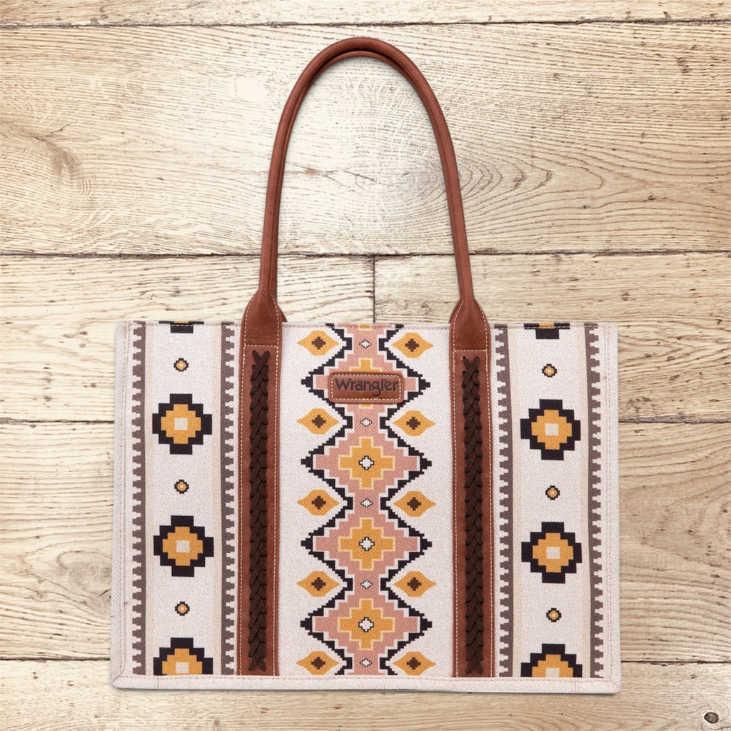 Wrangler Southwestern Pattern Dual Sided Print Canvas Wide Tote -Coffee