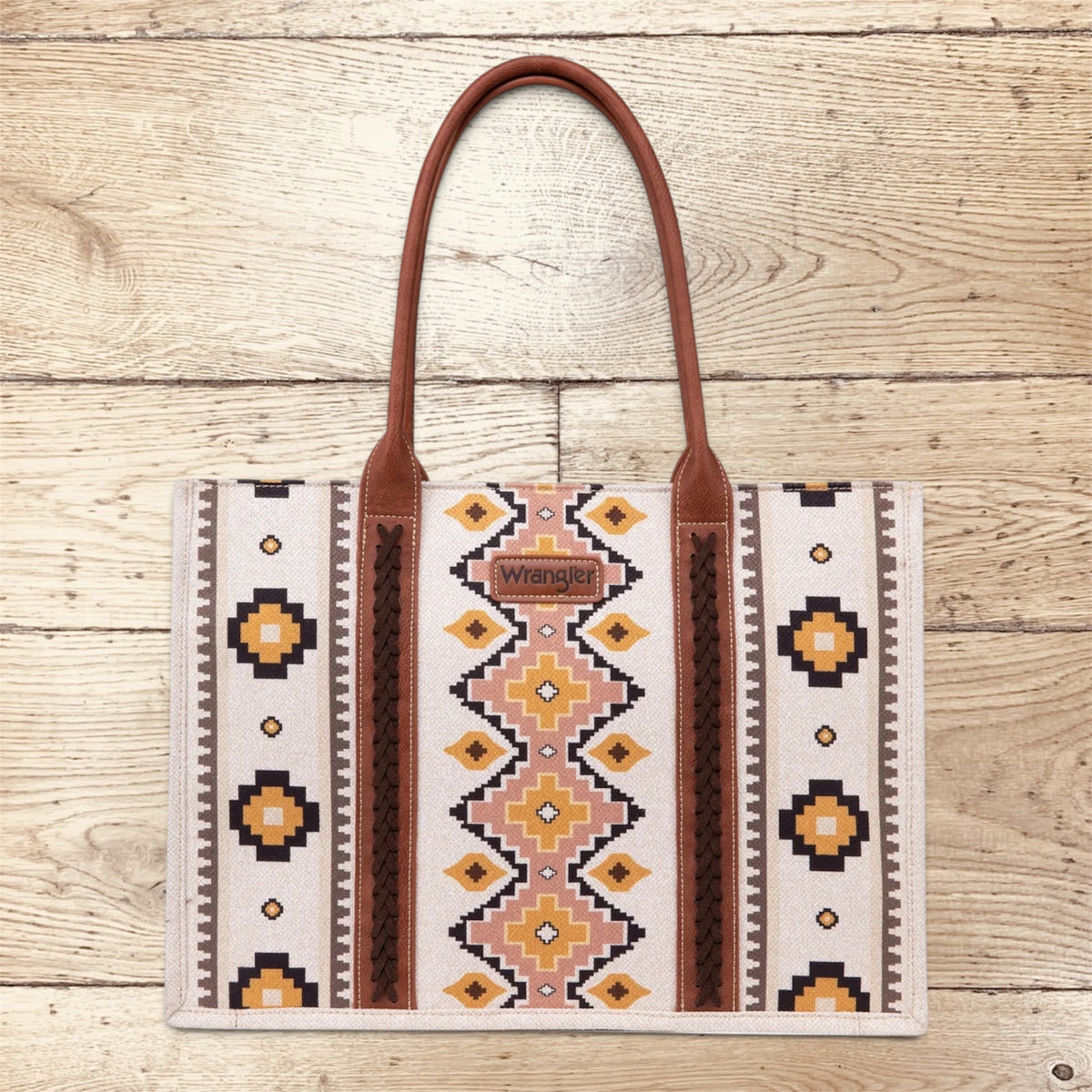 Wrangler Southwestern Pattern Dual Sided Print Canvas Wide Tote -Coffee