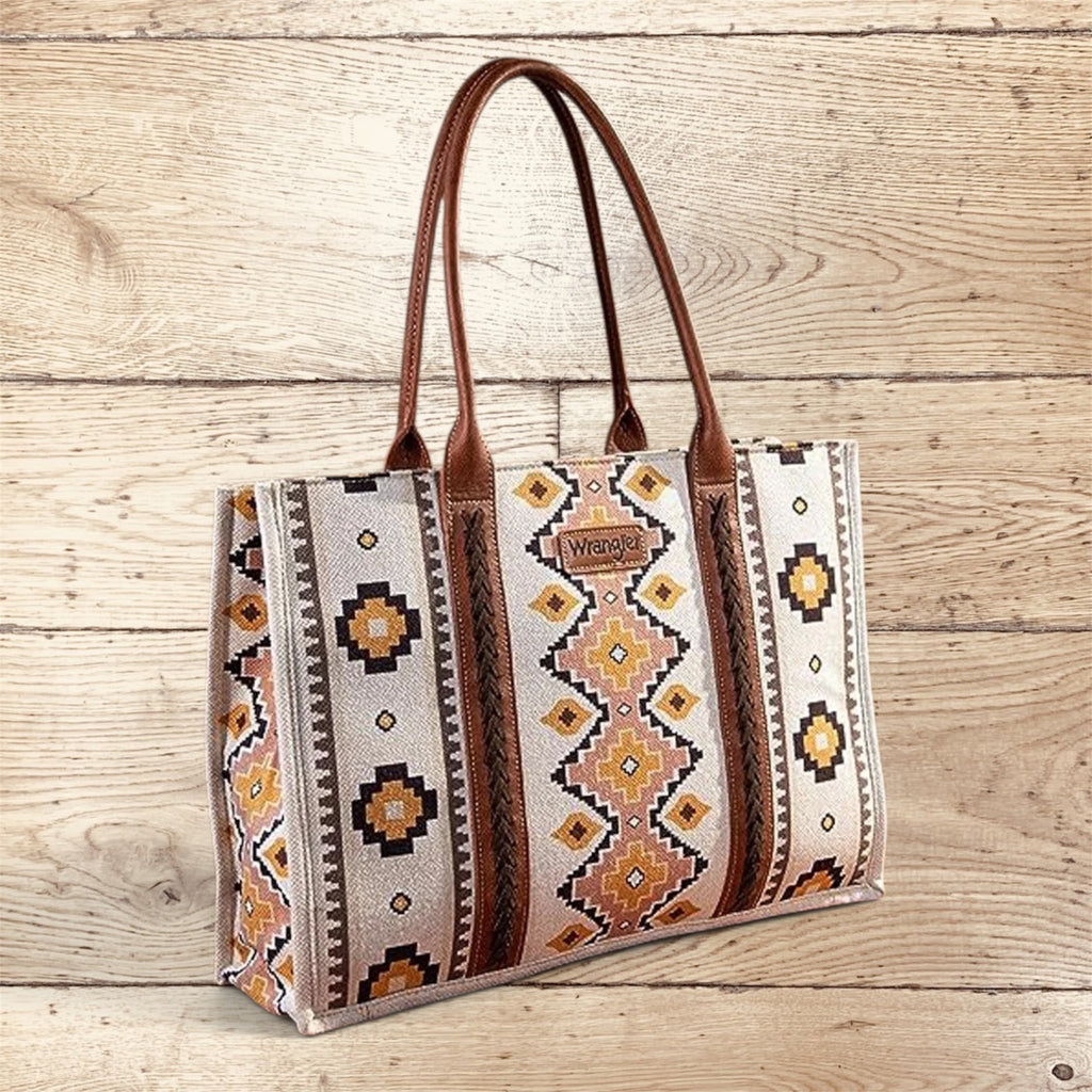 Wrangler Southwestern Pattern Dual Sided Print Canvas Wide Tote -Coffee