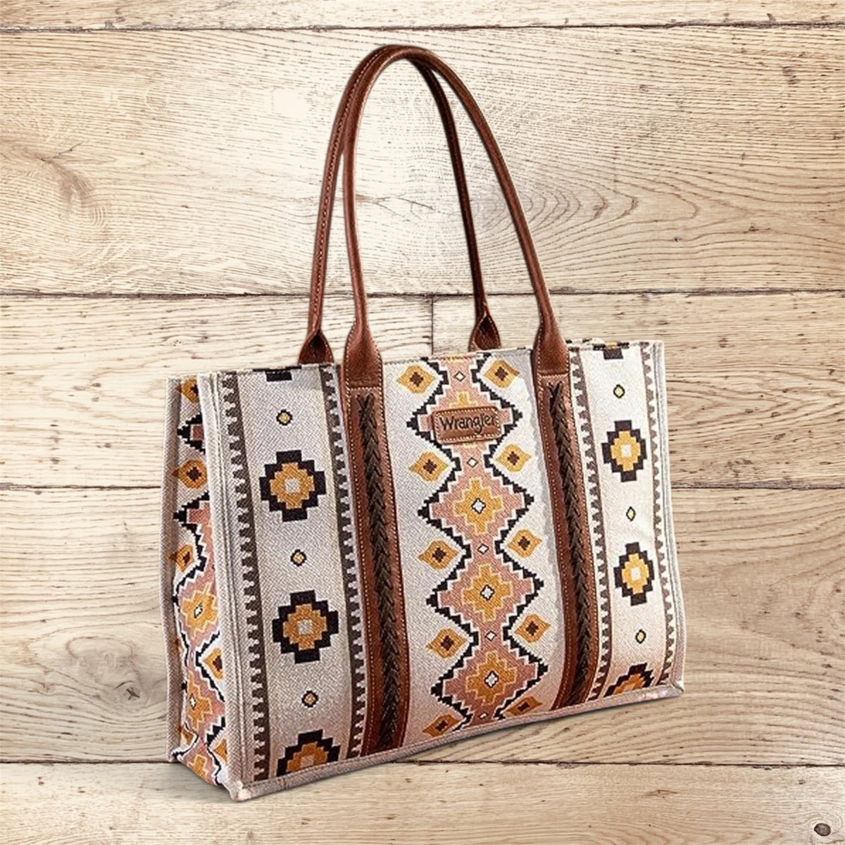 Wrangler Southwestern Pattern Dual Sided Print Canvas Wide Tote -Coffee