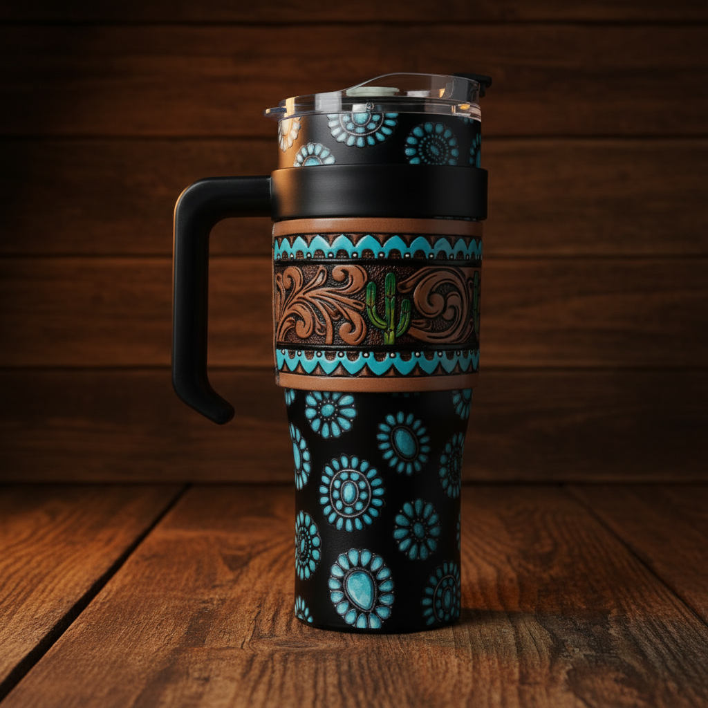 Concho Crest Western Steel Tumbler with Tooled Leather Wrap and Handle