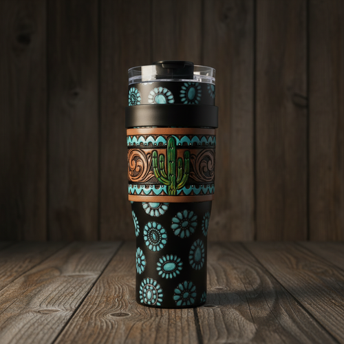 Concho Crest Western Steel Tumbler with Tooled Leather Wrap and Handle