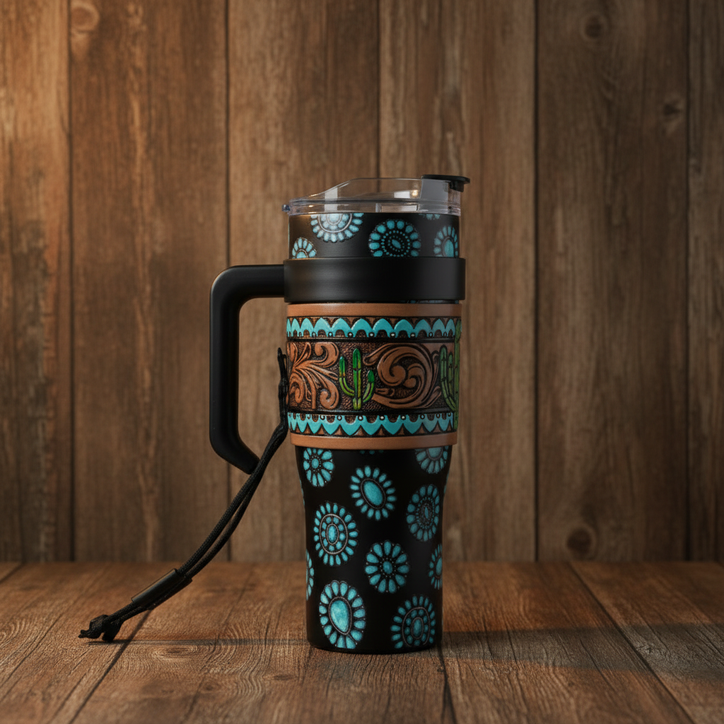Concho Crest Western Steel Tumbler with Tooled Leather Wrap and Handle