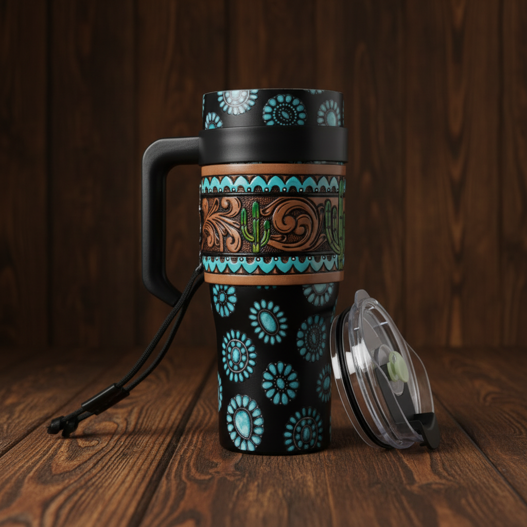 Concho Crest Western Steel Tumbler with Tooled Leather Wrap and Handle
