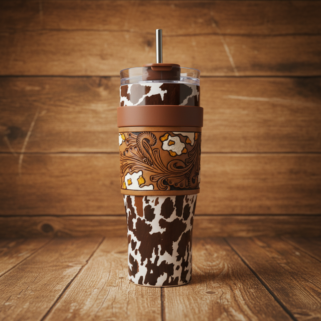 Wide Wyoming Tumbler in Brown and White - Cowhide