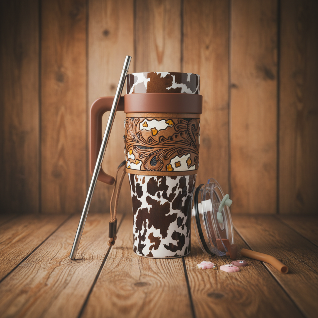 Wide Wyoming Tumbler in Brown and White - Cowhide