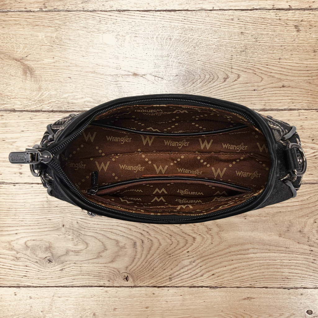 SugarBee's Western Boutique Wrangler black denim hobo bag interior with branded brown lining and zipper pocket