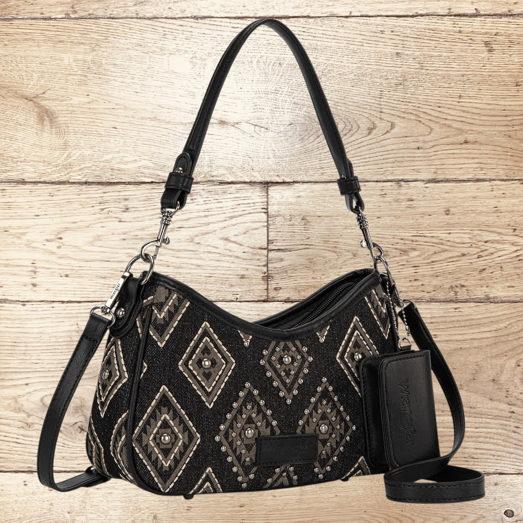 SugarBee's Western Boutique Wrangler black denim hobo bag with geometric embroidery, silver studs, and mini pouch.