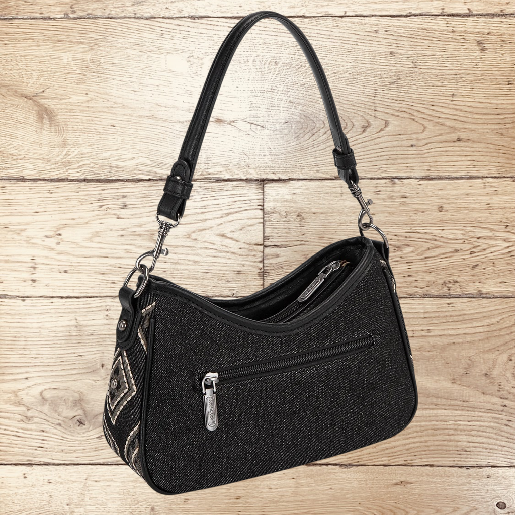 SugarBee's Western Boutique black denim hobo bag with geometric embroidery, silver studs, and a back zipper pocket.