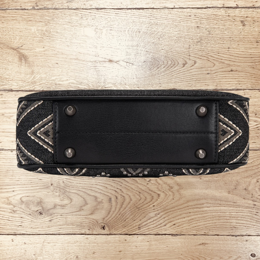 SugarBee's Western Boutique Wrangler black denim hobo bag bottom view with protective metal feet and embroidery